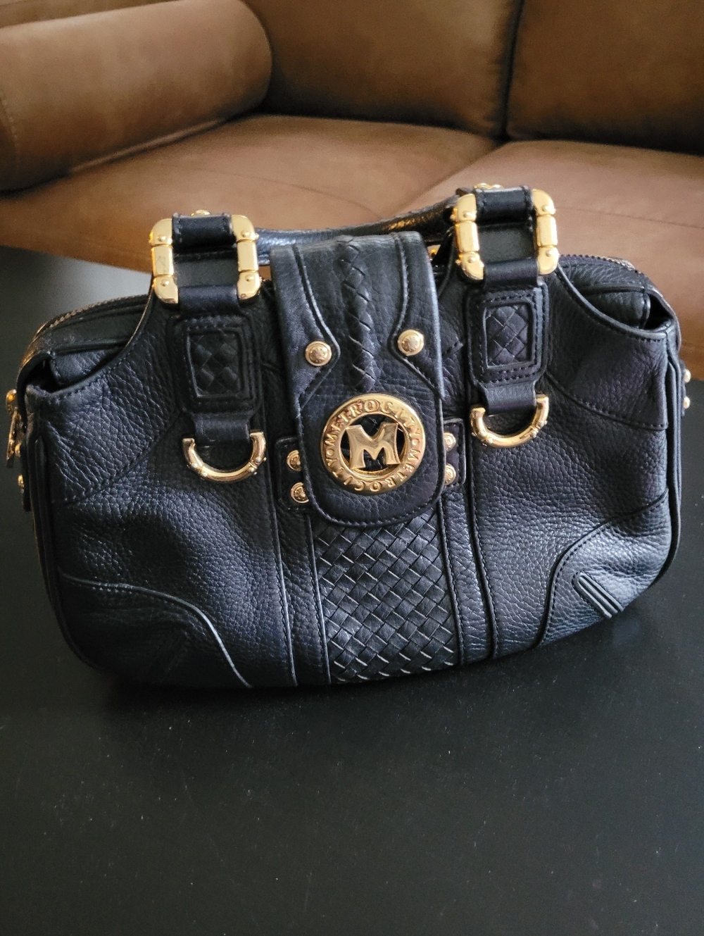 Metrocity Black Leather Boston Bag with Gold Hardware Accents